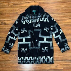 Lauren Ralph Lauren Hand Knit 100% Lambswool Shawl Collar Aztec Cardigan L